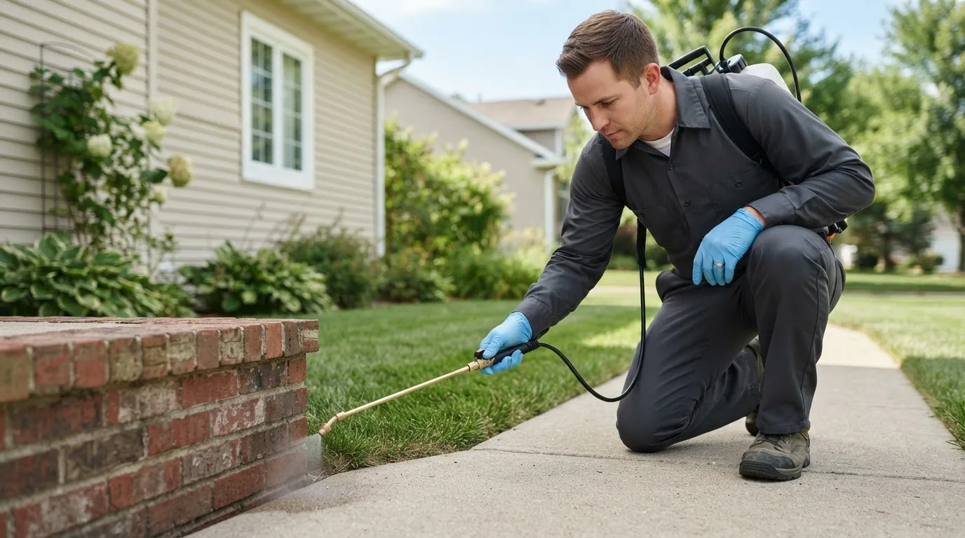 Pest control technician treating a home near Rose, OK