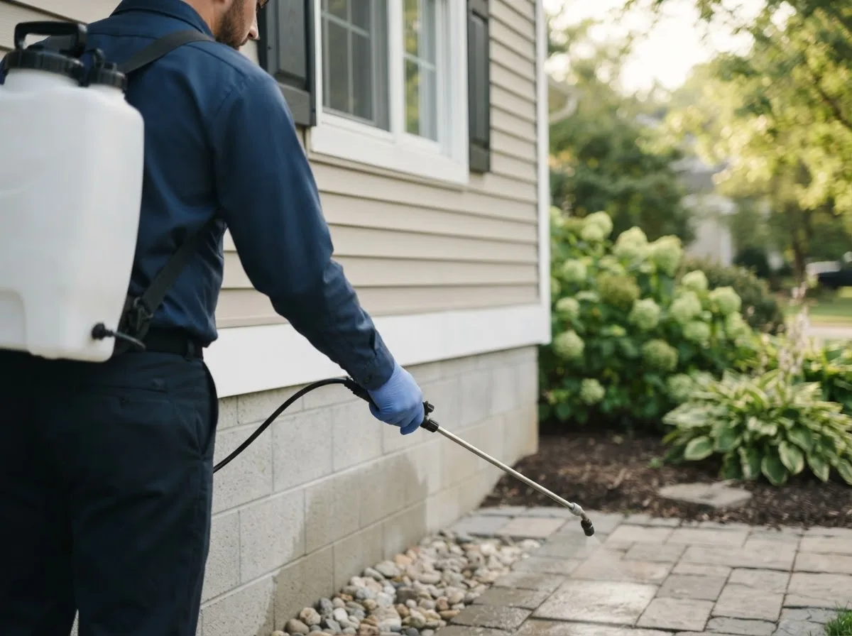 Pest control technician inspecting a home in Rose, OK